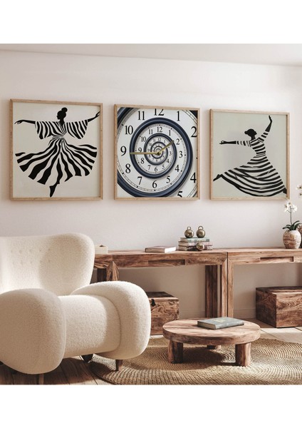 Bohem Tarz Çizgili Dansçı Saatli Tablo Seti – 3’lü Duvar Dekoru 23 x 23 indirimleri