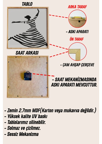 Bohem Tarz Çizgili Dansçı Saatli Tablo Seti – 3’lü Duvar Dekoru 23 x 23