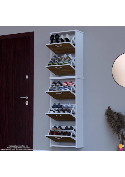 Ikra Ceviz Renk Asma Ayakkabılık Antre 52' Lik 5 Düşer Kapak 10 Göz Bölme Ayakkabılık 52X194X 26 cm