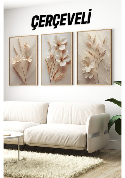 🖼️ 3'lü Çerçeveli Krem Çiçek ve Başak Desenli Tablo Seti – Uv Baskılı Mdf CRV1039 23 x 32