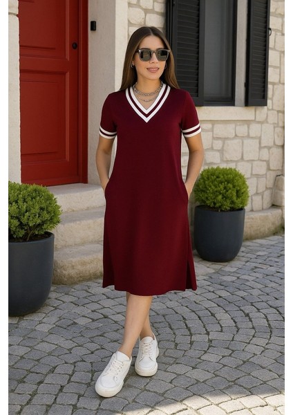 Kadın Kısa Kollu V Yaka ve Yaka Ribana Detay Midiboy Viskon Elbise