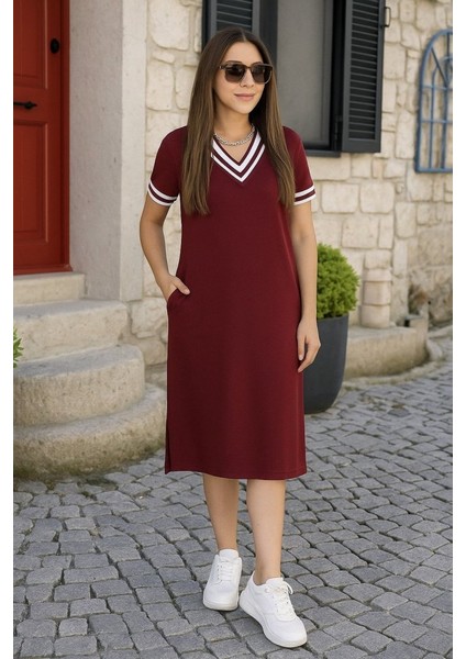 Kadın Kısa Kollu V Yaka ve Yaka Ribana Detay Midiboy Viskon Elbise modelleri