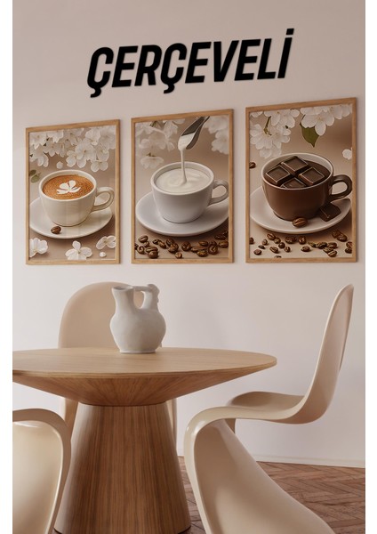 🖼️ Çiçekler Arasında Tatlı Molalar – Çerçeveli 3'lü Mdf Kahve Tablosu Seti CRV1015 23 x 32