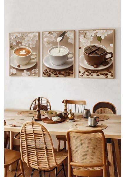 🖼️ Çiçekler Arasında Tatlı Molalar – Çerçeveli 3'lü Mdf Kahve Tablosu Seti CRV1015 23 x 32 fiyatları