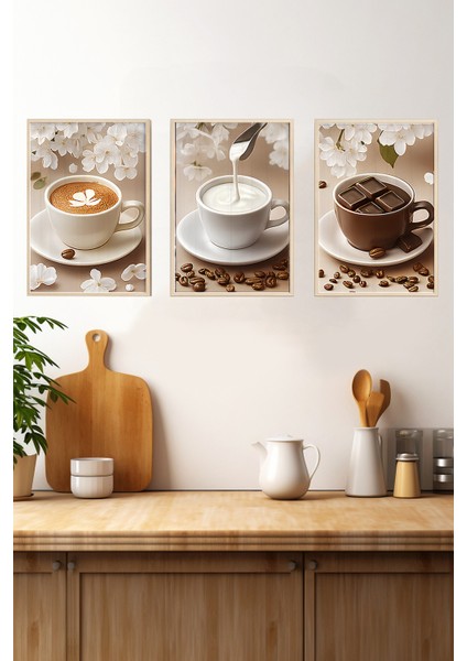 🖼️ Çiçekler Arasında Tatlı Molalar – Çerçeveli 3'lü Mdf Kahve Tablosu Seti CRV1015 23 x 32 fırsatları