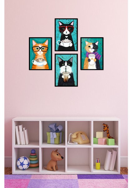Dekorize Mdf 4 Parça Çerçeve Görünümlü Kediler Tablo Seti Çerçeve Görünümlü 13 x 17