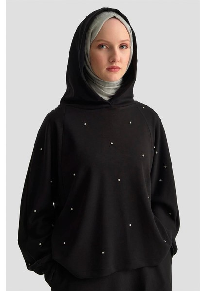 Taşlı Kapüşonlu Sweat 25KD4031 Siyah indirimleri