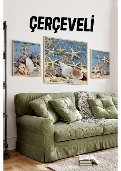 🐚 Deniz Kabukları & Yıldız Balığı Temalı 3’lü Mdf Ahşap Tablo Seti (23X23 cm & 42X42 Cm) 4242116 42 cm