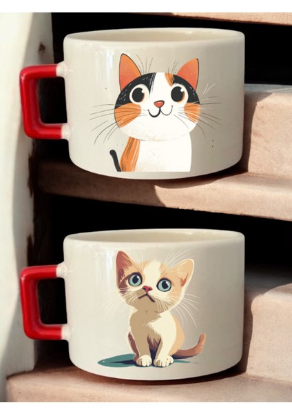Muhteşem Kedi Görseli Baskılı 2'li Kahve Fincanı Seramik Kupa - Seramik Çay, Kahve Hediyelik