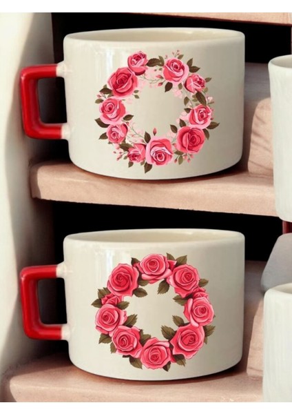 Çiçekler Baskılı 2'li Kahve Fincanı Seramik Kupa - Seramik Çay, Kahve Hediyelik