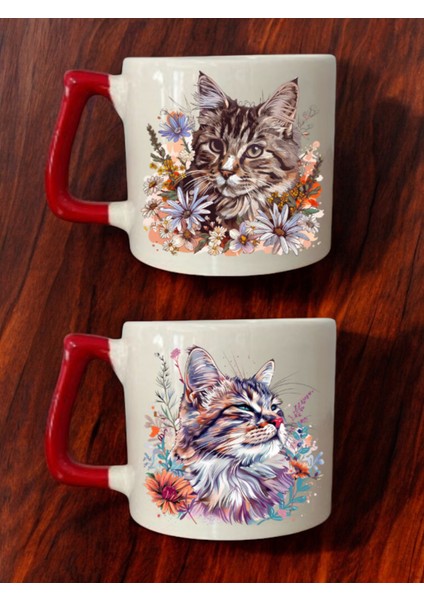 Çiçeklerle Kedi Baskılı 2'li Kahve Bardağı Seramik Kupa - Seramik Çay, Kahve Hediyelik Bardağı