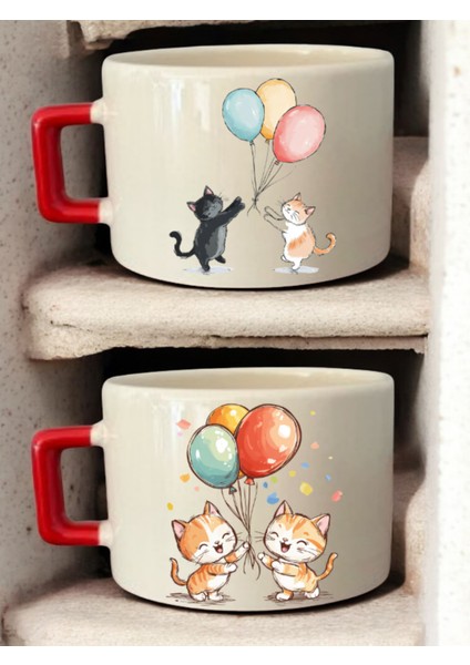 Kedi Balon Çizimi Baskılı 2'li Kahve Fincanı Seramik Kupa - Seramik Çay, Kahve Hediyelik Bardağı