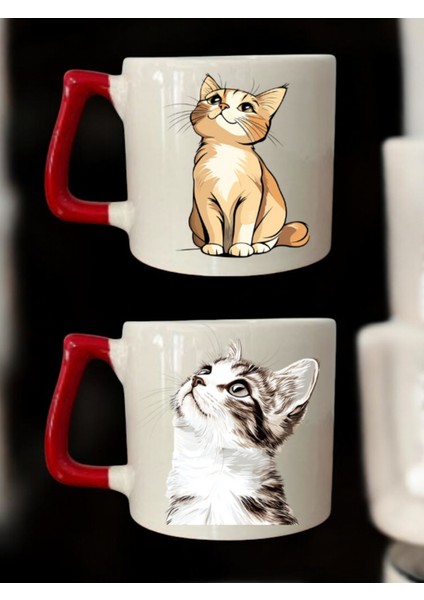 Kedi Görseli Çizimi Baskılı 2'li Kahve Bardağı Seramik Kupa - Seramik Çay, Kahve Hediyelik Bardağı
