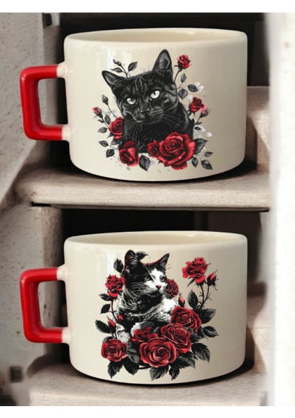 Kedi Kırmızı Çiçek Baskılı 2'li Kahve Fincanı Seramik Kupa - Seramik Çay, Kahve Hediyelik Bardağı