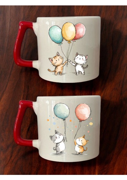Elinde Balon Olan Kediler 2'li Kahve Bardağı Seramik Kupa - Seramik Çay, Kahve Hediyelik Bardağı