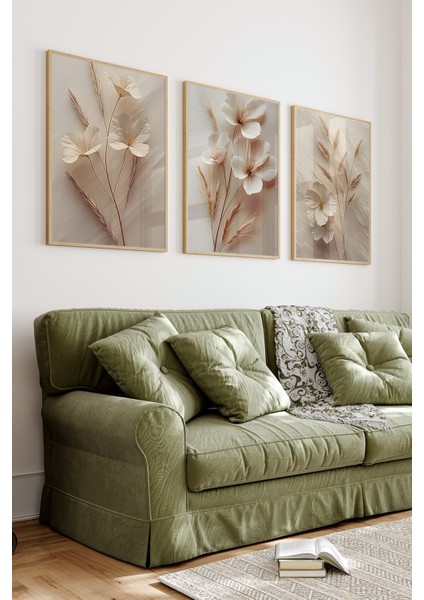 🖼️ 3'lü Çerçeveli Krem Çiçek ve Başak Desenli Tablo Seti – Uv Baskılı Mdf CRV1039 23 x 32 fiyatları