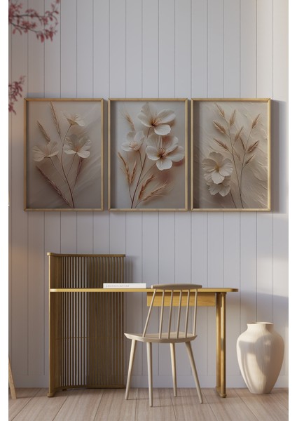🖼️ 3'lü Çerçeveli Krem Çiçek ve Başak Desenli Tablo Seti – Uv Baskılı Mdf CRV1039 23 x 32 modelleri