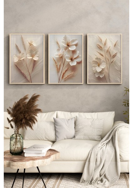 🖼️ 3'lü Çerçeveli Krem Çiçek ve Başak Desenli Tablo Seti – Uv Baskılı Mdf CRV1039 23 x 32 indirimleri