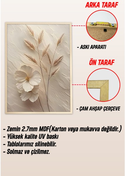 🖼️ 3'lü Çerçeveli Krem Çiçek ve Başak Desenli Tablo Seti – Uv Baskılı Mdf CRV1039 23 x 32