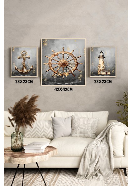 ⚓️ Marin Tarz Çapa - Dümen - Deniz Feneri Temalı 3’lü Mdf Tablo Seti (23X23 cm & 42X42 Cm) 4242117 42 cm modelleri