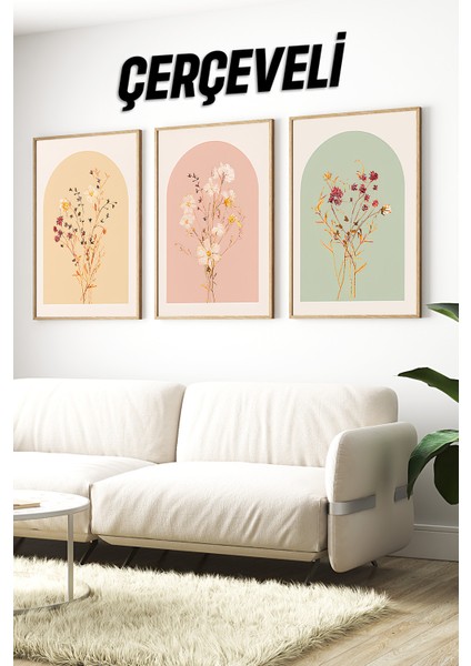 🌸 Pastel Tonlarda Çiçek Desenli 3’lü Çerçeveli Dekoratif Tablo Seti 🌿 CRV1162 23 x 32