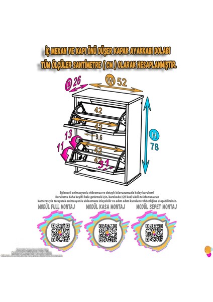 Asaf Cordoba Renk Asma Ayakkabılık Kapı Önü 2 Düşer Kapak 4 Göz Bölmeli Ayakkabılık 52X78X 25,5 cm fiyatları
