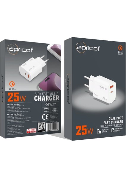 Şarj Kafa Type-C + USB Çıkış 25 W Hızlı Şarj Apricot APC-U426