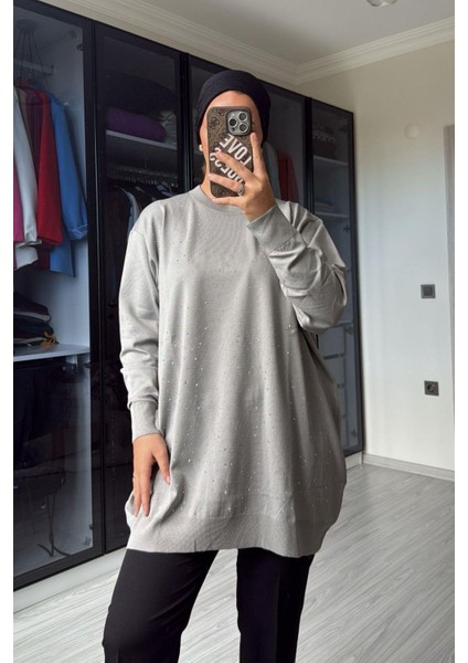 Kadın Gri Taş Detaylı Uzun Kazak fiyatları