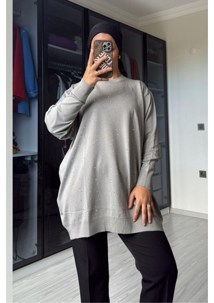 Kadın Gri Taş Detaylı Uzun Kazak modelleri