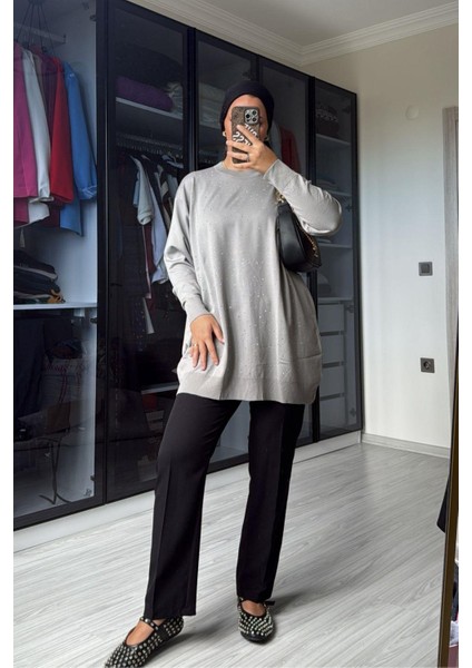 Kadın Gri Taş Detaylı Uzun Kazak fırsatları