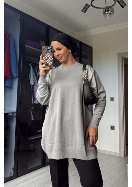 Kadın Gri Taş Detaylı Uzun Kazak indirimleri