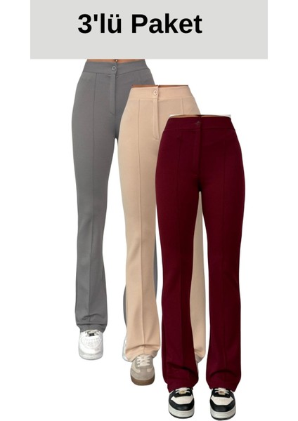 Krep Kumaş Likralı Kadın Palazzo Pantolon 3'lü Set