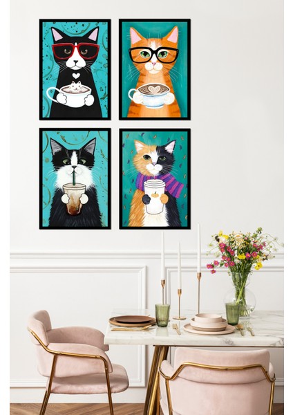 Dekorize Mdf 4 Parça Çerçeve Görünümlü Kediler Tablo Seti Çerçeve Görünümlü modelleri