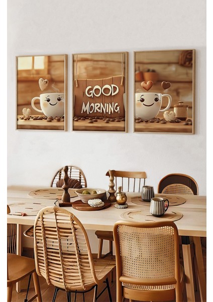 🖼️ Good Morning - Neşeli Kahve Temalı 3’lü Çerçeveli Tablo Seti CRV1022 23 x 32 fiyatları