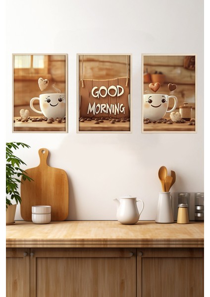 🖼️ Good Morning - Neşeli Kahve Temalı 3’lü Çerçeveli Tablo Seti CRV1022 23 x 32 fırsatları