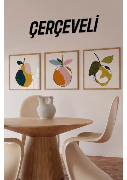 🏷️ 🍐 Renkli Meyve Temalı 3’lü Tablo Seti | Modern Stil | Uv Baskı – Mdf – Ahşap Çerçeve KR4051 23 x 23