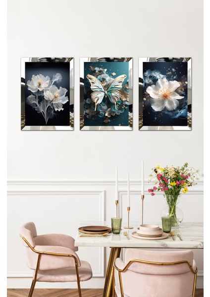 Kelebekler ve Çiçekler 3'lü Tablo Pileksi Kenar 21X30 30 cm