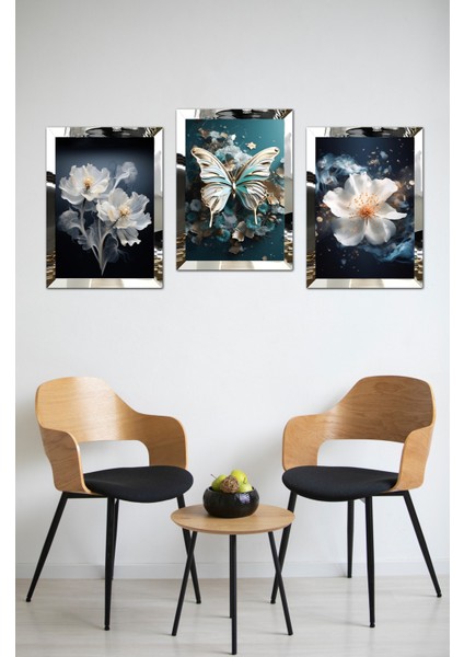 Kelebekler ve Çiçekler 3'lü Tablo Pileksi Kenar 21X30 30 cm fiyatları