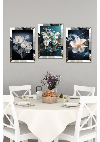 Kelebekler ve Çiçekler 3'lü Tablo Pileksi Kenar 21X30 30 cm modelleri
