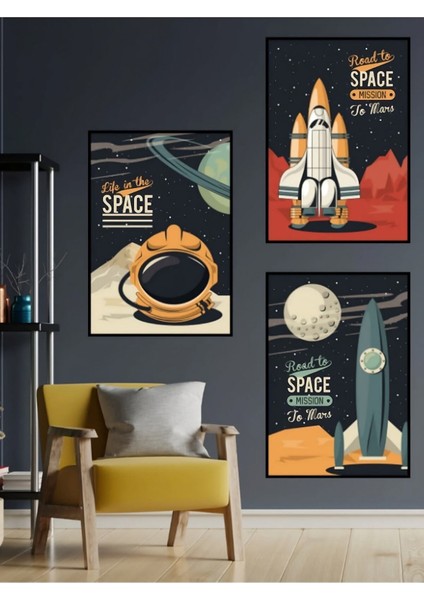 Dekorize Mdf Tablo Seti 3 Parça 3mm - Space Roket - Uzay Salon Oturma Odası Için Duvar Dekoru 13 x 17