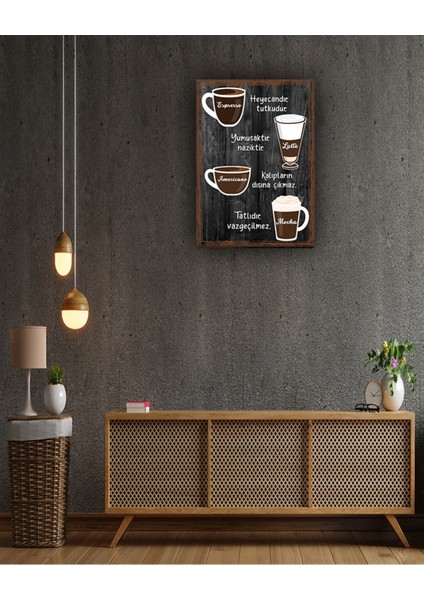 Kahve Çeşitleri Siyah Çerçeve Görünümlü Ahşap Duvar Tablosu A4 - Kahve Çeşitleri 21 x 29.7