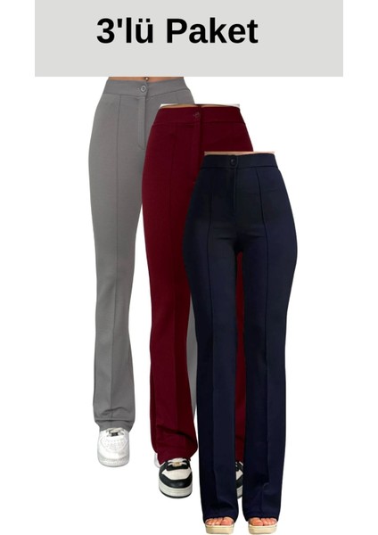Krep Kumaş Likralı Kadın Palazzo Pantolon 3'lü Set