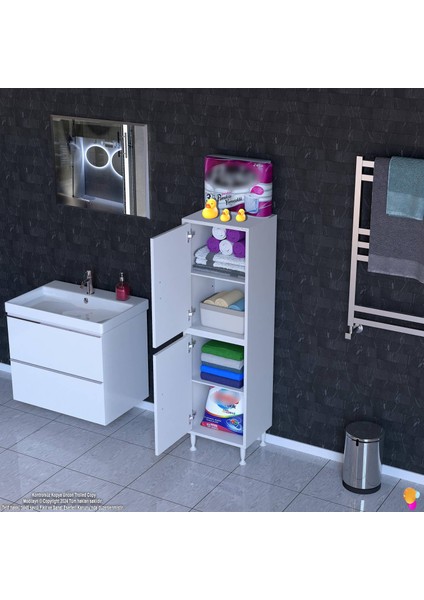 Ekstra 50x138x32,5 cm Çok Amaçlı Dolabı 4 Kapak 4 Bölmeli Banyo Mutfak Dolabı