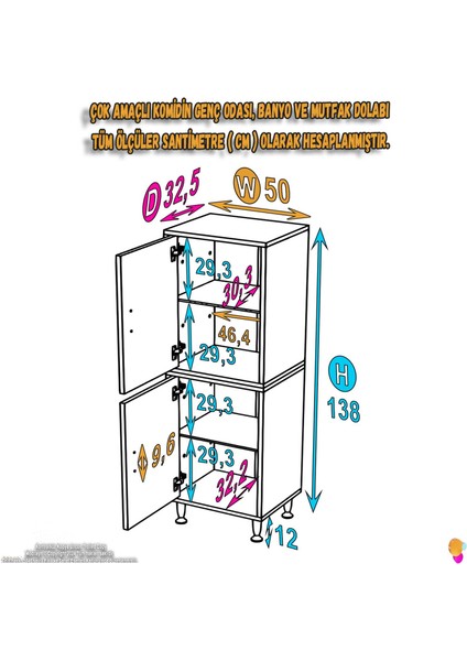 Ekstra 50x138x32,5 cm Çok Amaçlı Dolabı 4 Kapak 4 Bölmeli Banyo Mutfak Dolabı fiyatları