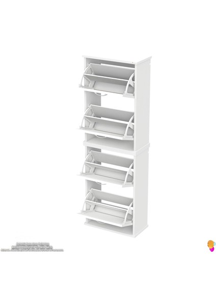 Asaf 2 Li Beyaz Asma Ayakkabılık Antre 4 Düşer Kapak 8 Göz Raf Bölmeli Ayakkabılık 52X148X25,5 cm