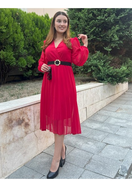 Aesco Kadın Şifon Kumaş Astalı Kloş Kesim Kruvaze Yaka Midi Boy Elbise