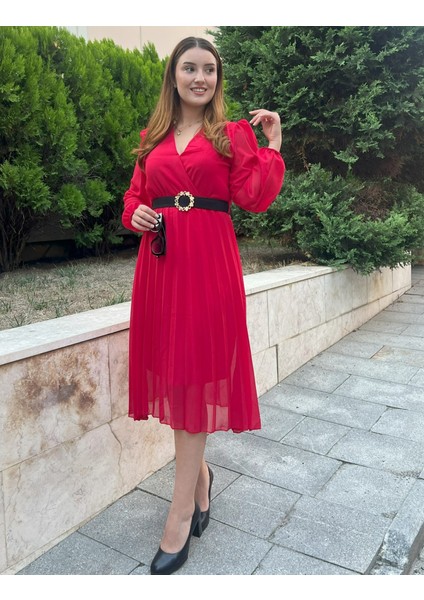 Aesco Kadın Şifon Kumaş Astalı Kloş Kesim Kruvaze Yaka Midi Boy Elbise indirimleri