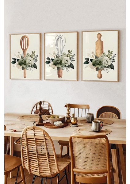 🌿 Ahşap Mutfak Gereçleri ve Çiçek Temalı Çerçeveli 3’lü Tablo Seti – Uv Baskılı CRV1047 23 x 32 fiyatları