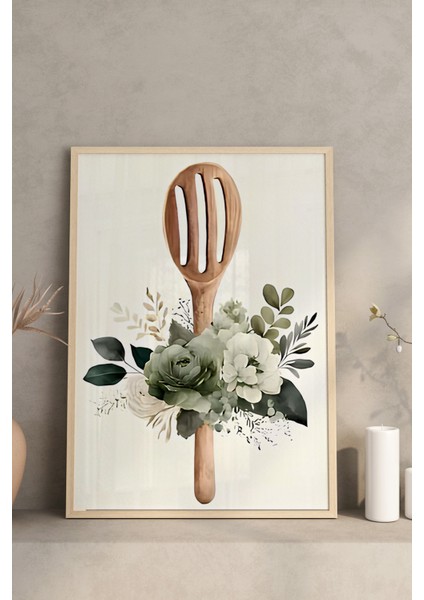 🌿 Ahşap Mutfak Gereçleri ve Çiçek Temalı Çerçeveli 3’lü Tablo Seti – Uv Baskılı CRV1047 23 x 32 modelleri