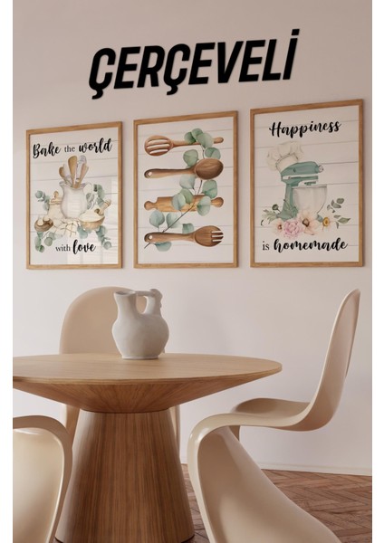 “bake The World With Love” Mutfak Temalı Çerçeveli 3’lü Tablo Seti – Uv Baskılı CRV1046 23 x 32